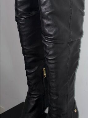 Louise et Cie Black Over-the-Knee Leather Boots with Gold Hardware